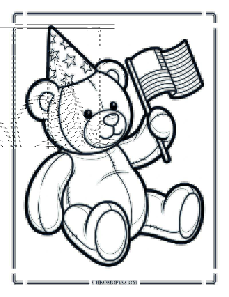 Teddy Bear Waving A Tiny American Flag Coloring Page