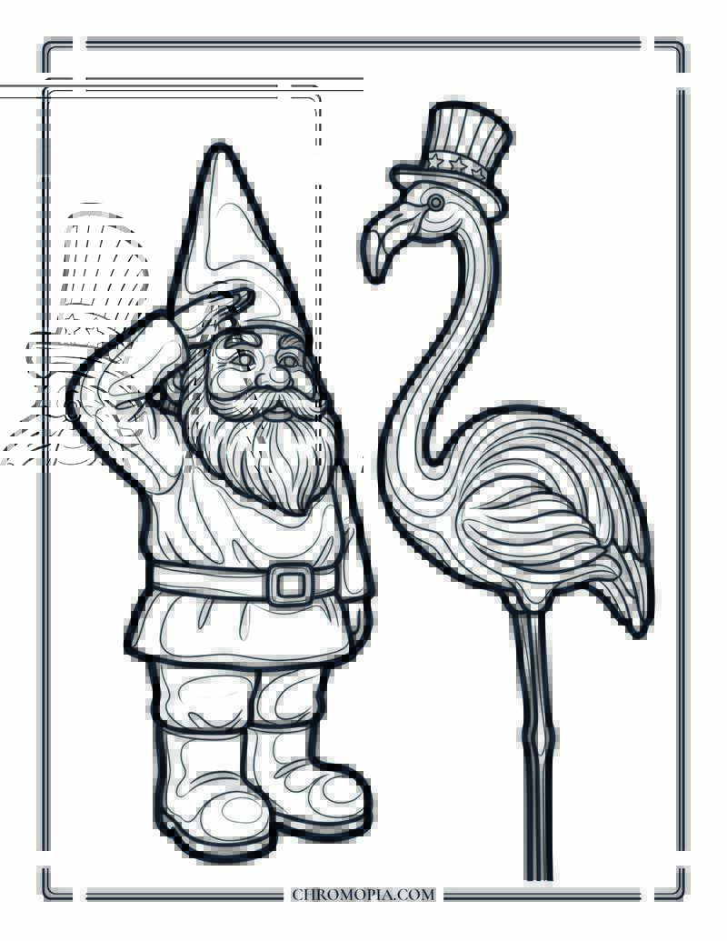 Gnome Saluting A Lawn Flamingo In An Uncle Sam Hat Coloring Page