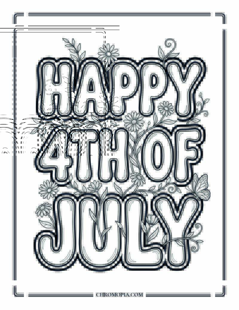 HAPPY 4TH OF JULY Floral Text Coloring Page