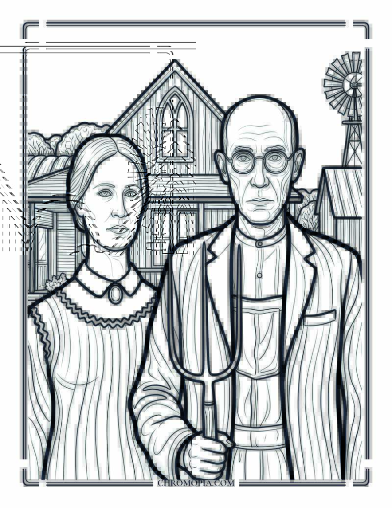 American Gothic Style Farm Scene Coloring Page