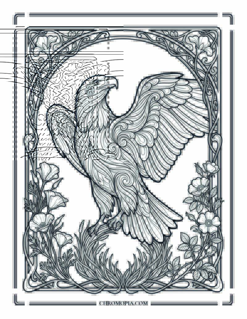 Art Nouveau Bald Eagle With American Flora Coloring Page