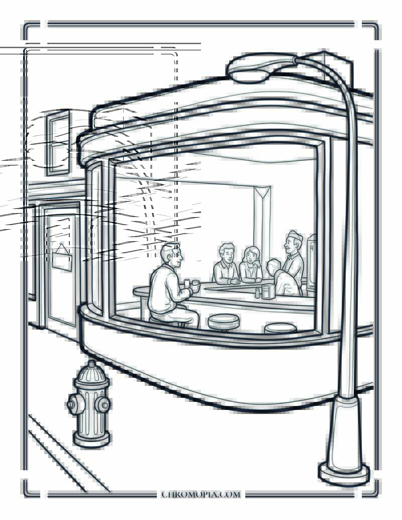 Edward Hopper Nighthawks Diner Reimagined Coloring Page