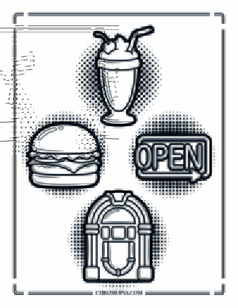 Pop Art American Diner Objects Coloring Page