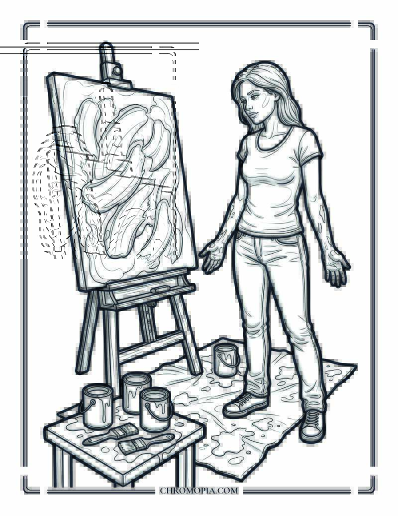 Abstract Painter Stepping Back From Her Canvas Coloring Page