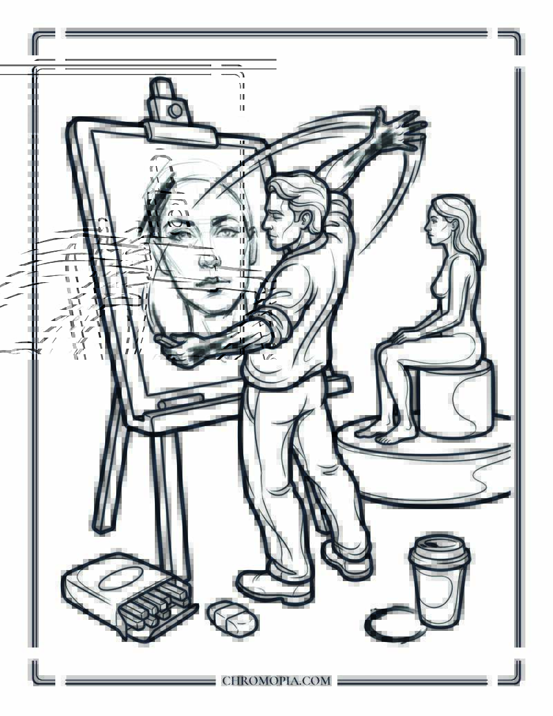 Charcoal Portrait Artist Drawing A Model On Artist Appreciation Month Coloring Page