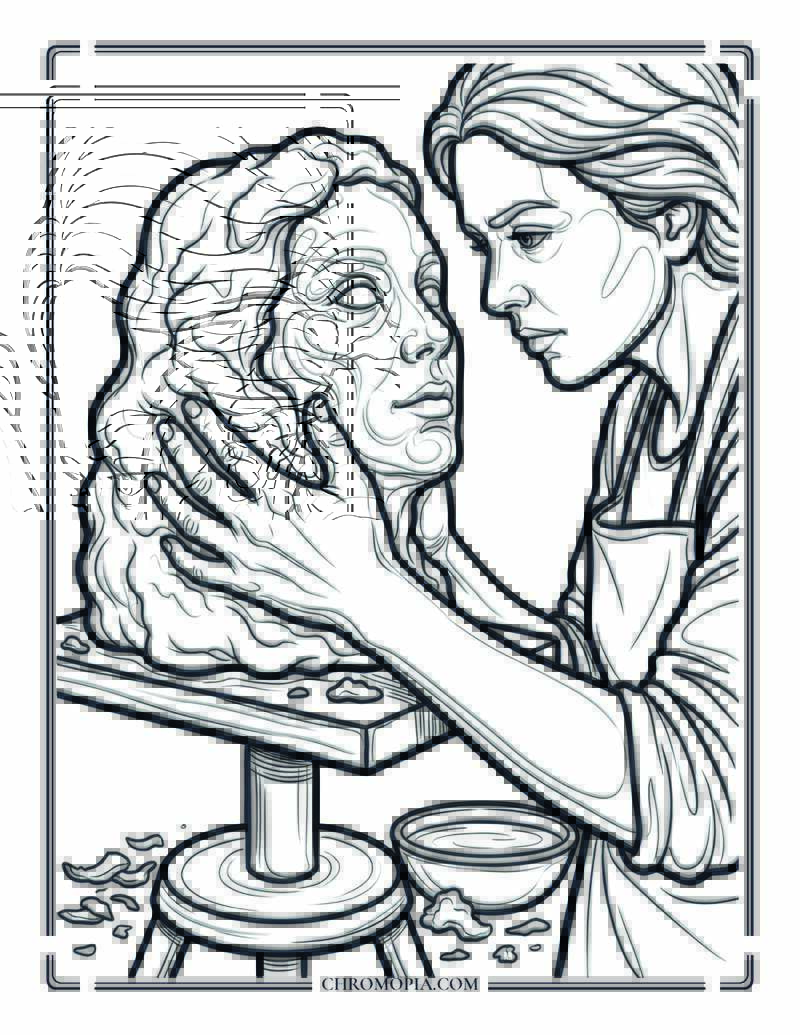 Clay Sculptor Shaping A Face On American Artist Appreciation Month Coloring Page