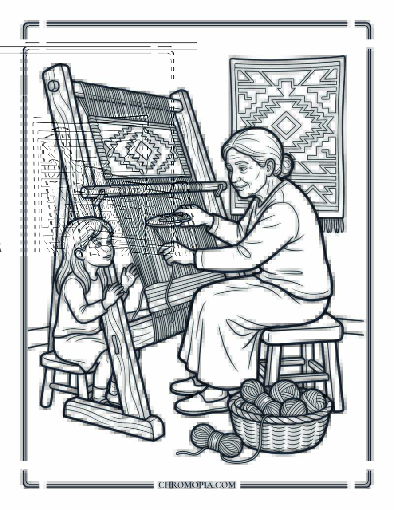 Grandmother Teaching Granddaughter To Weave On Artist Appreciation Month Coloring Page