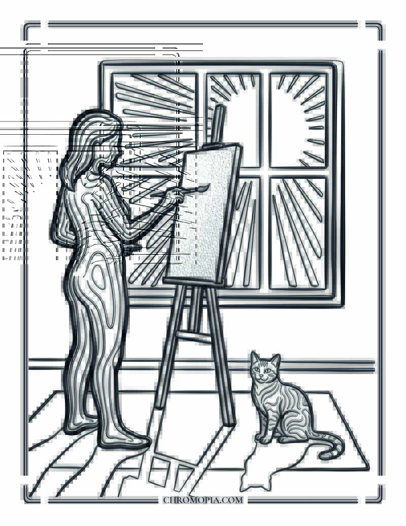 Artist Painting In Golden Hour Light Coloring Page