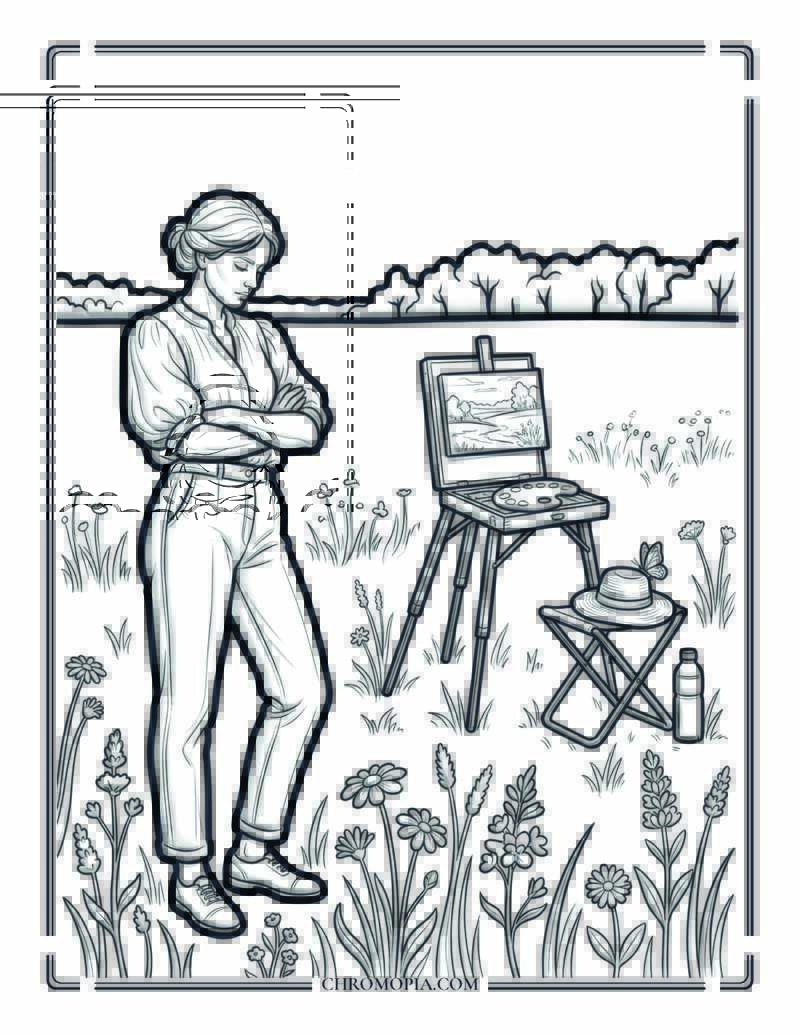 Plein Air Painter In A Summer Meadow Coloring Page