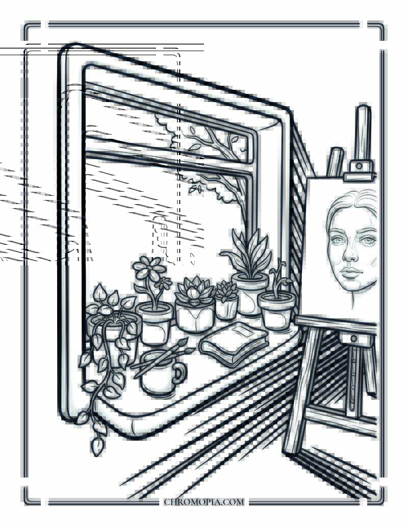 Sun Drenched Studio Window And Easel Coloring Page