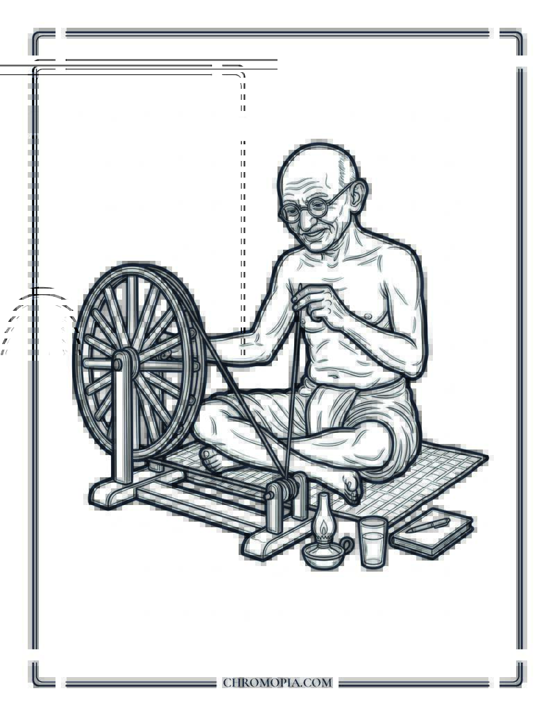 Mahatma Gandhi Charkha Spinning Wheel Indian Independence Day Coloring Page