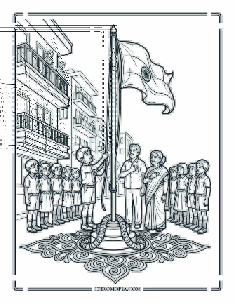 Children Flag Hoisting Ceremony Indian Independence Day Coloring Page