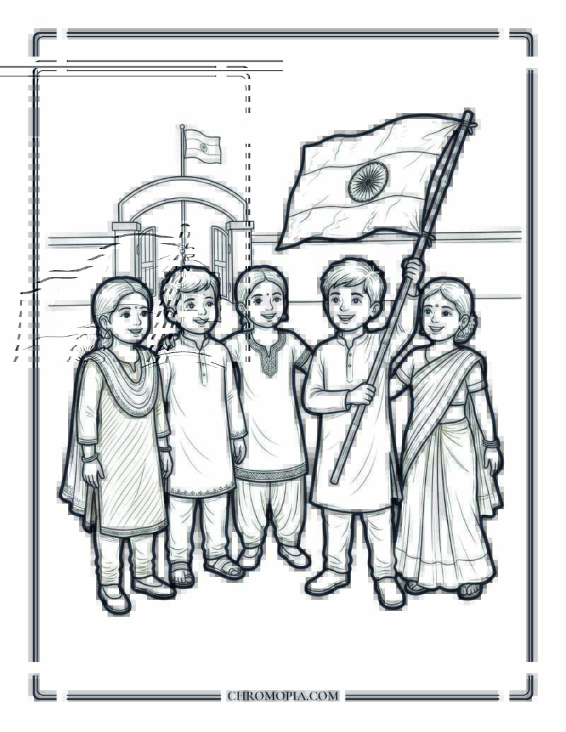 Children In Tricolor Outfits Indian Independence Day Coloring Page