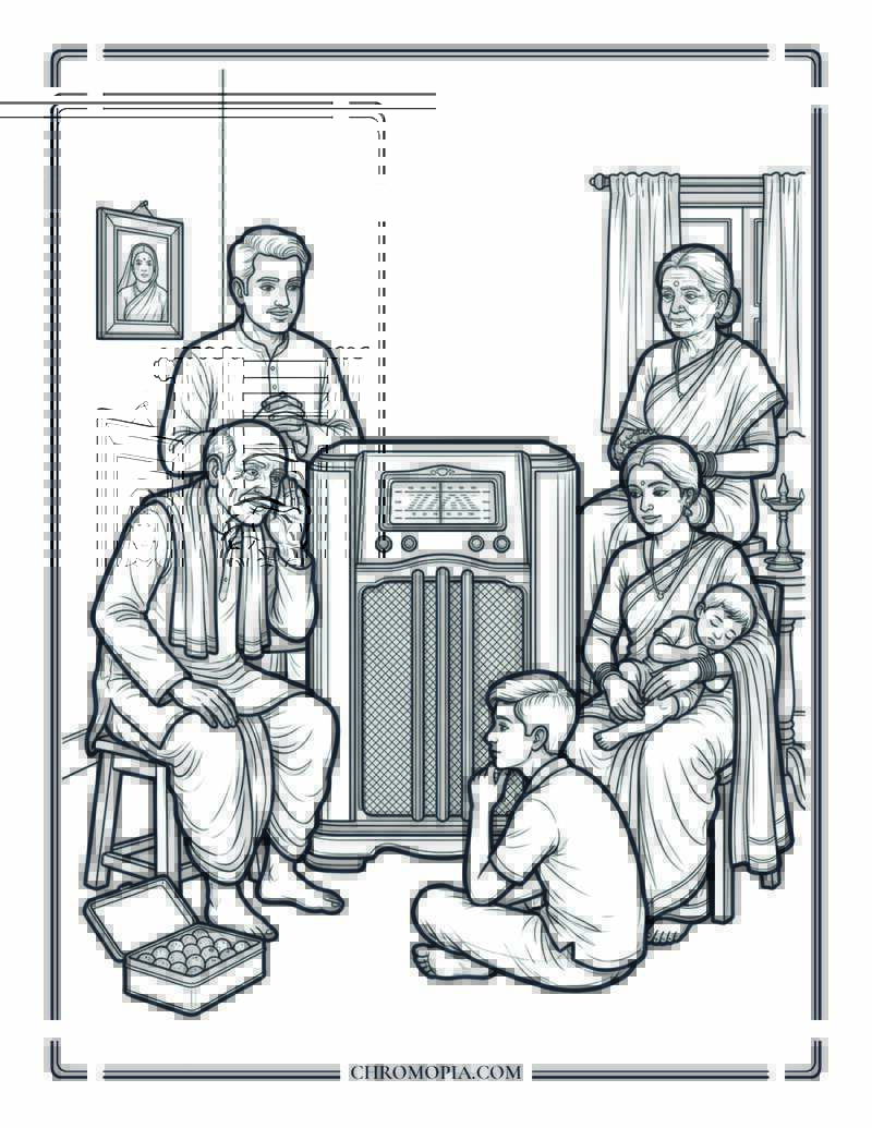 Family At Radio 1950s Indian Independence Day Coloring Page