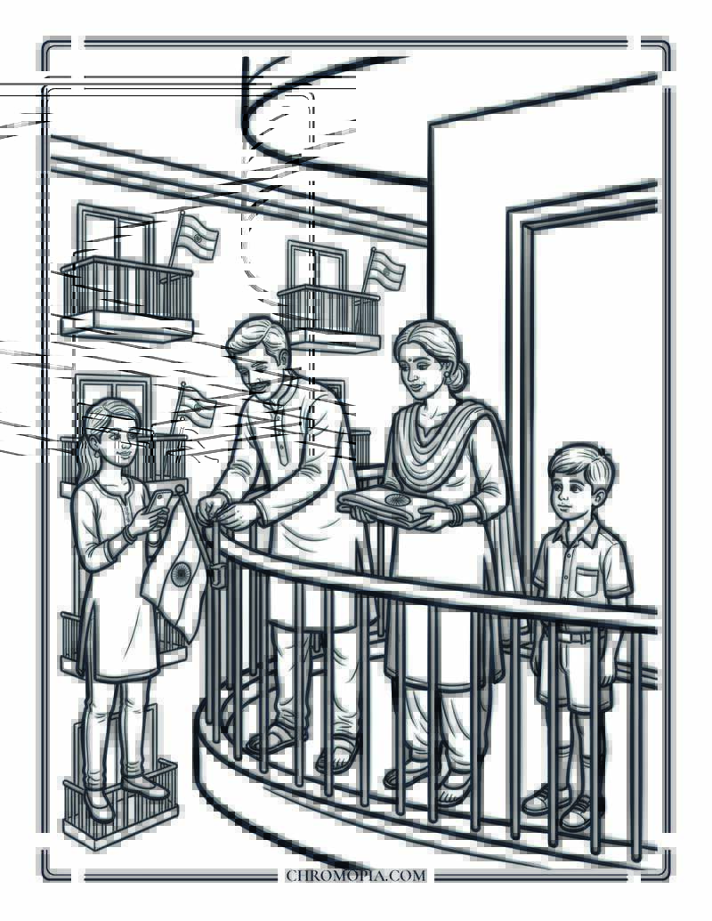 Har Ghar Tiranga Family Flag Indian Independence Day Coloring Page