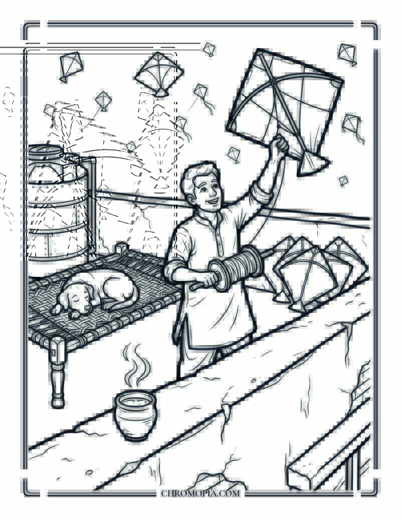 Rooftop Kite Flying Indian Independence Day Coloring Page
