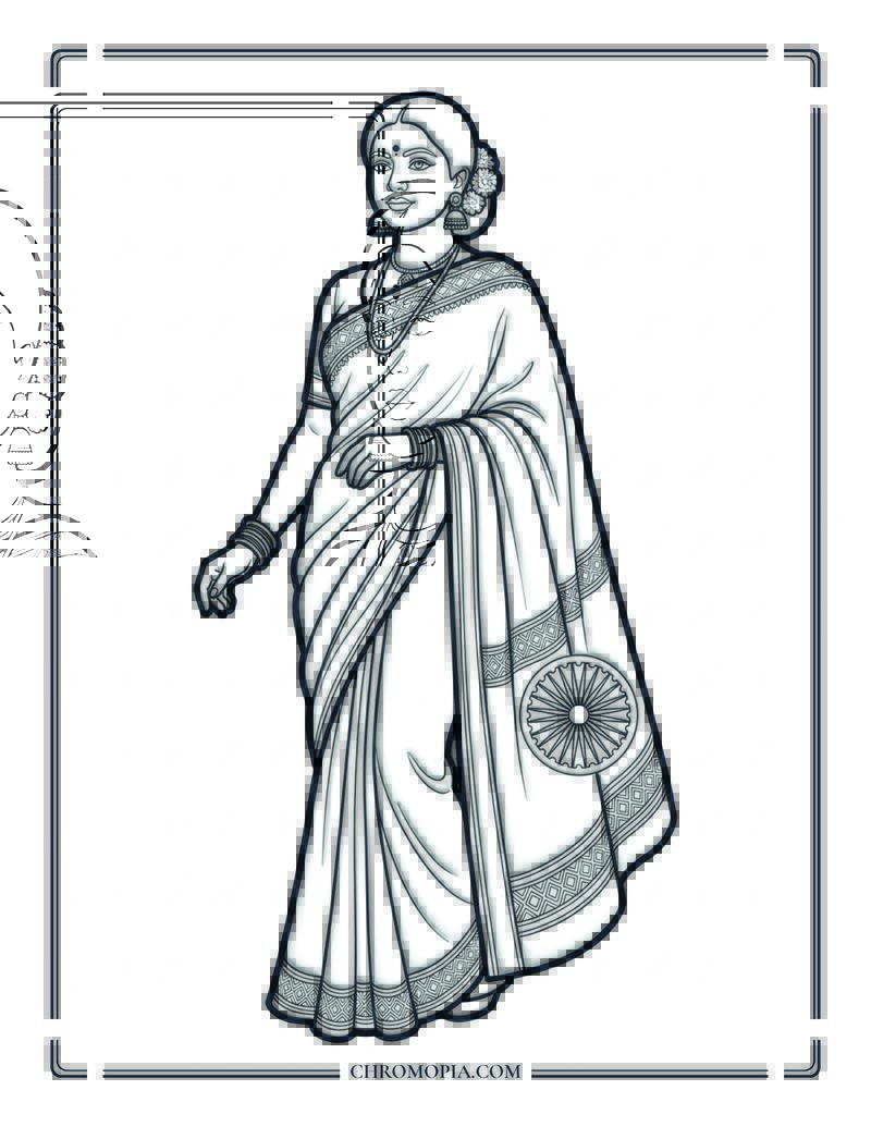 Woman In Tricolor Sari Indian Independence Day Coloring Page