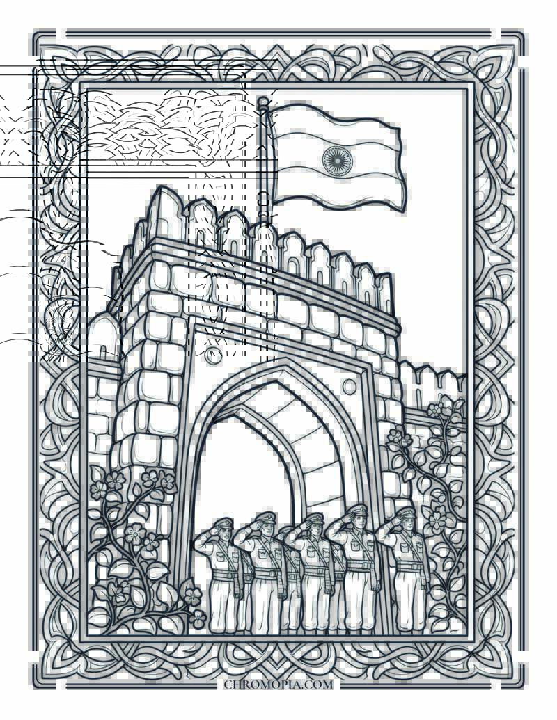 Red Fort Delhi Flag Hoisting Indian Independence Day Coloring Page