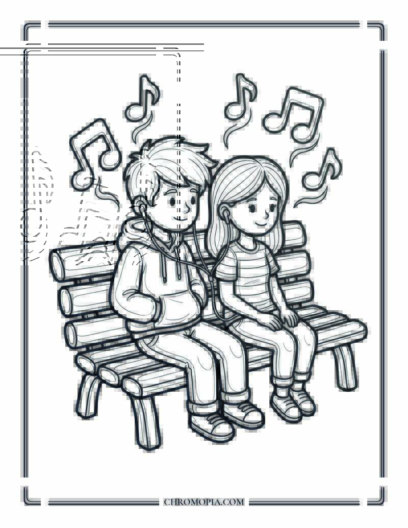 Best Friends Listening To Music Together Coloring Page