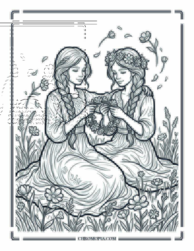 Close Friends Making Flower Crowns Coloring Page