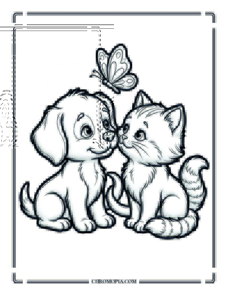 Cute Puppy And Kitten Best Friends Coloring Page