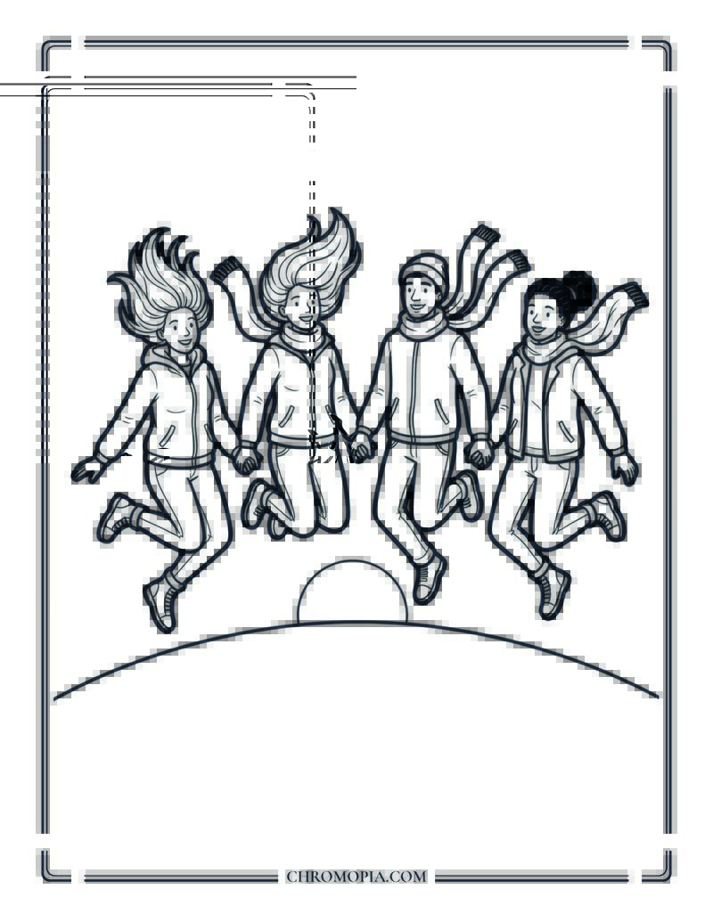 Friends Jumping Together Coloring Page