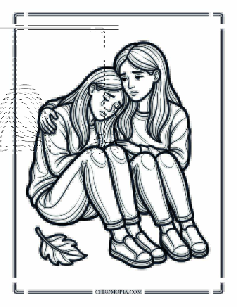 Friend Comforting A Sad Friend Coloring Page