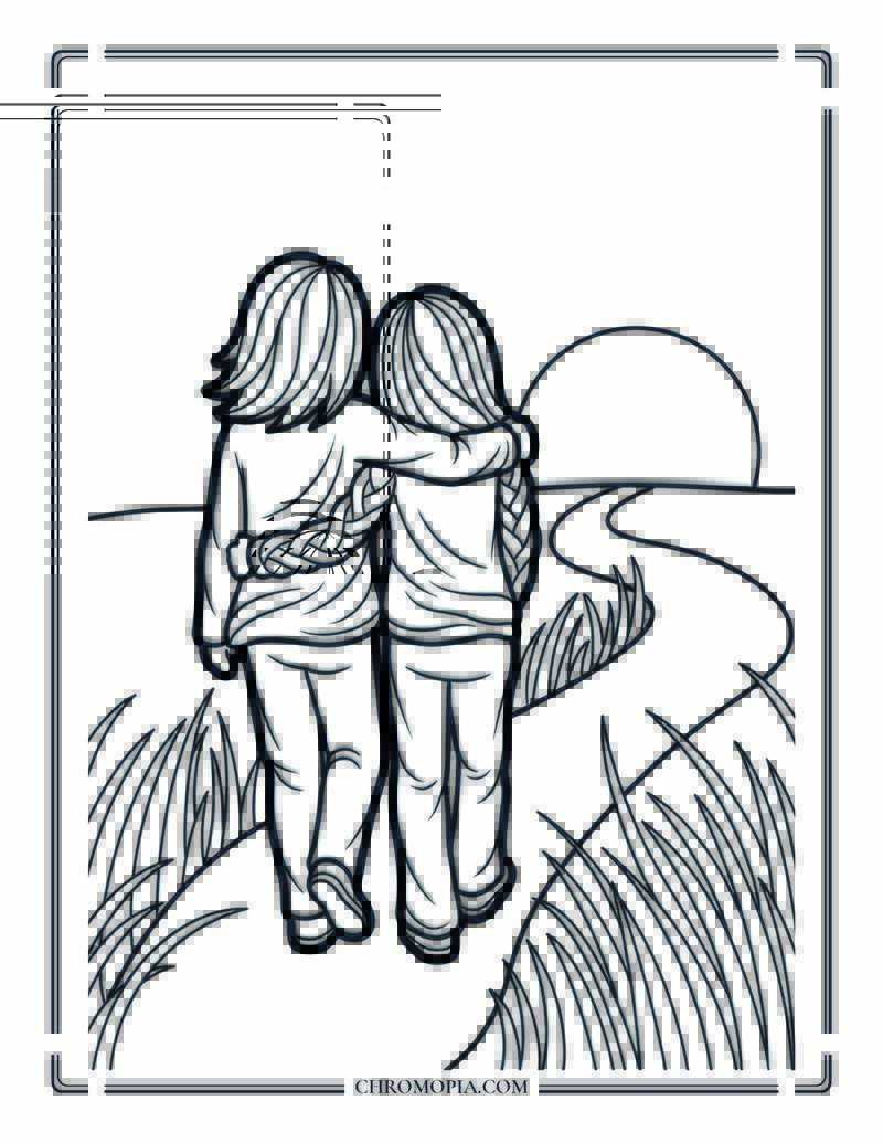 Friends Walking Together At Sunset Coloring Page