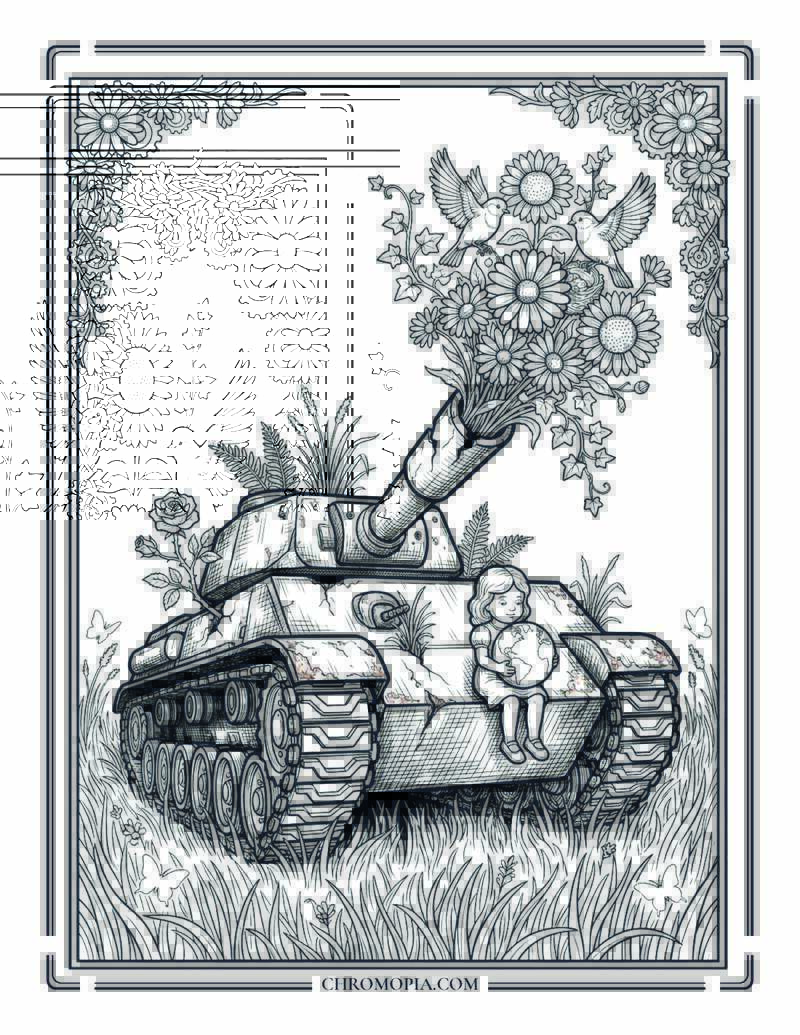Weapon To Wildflower Abandoned Tank Meadow International Peace Month Coloring Page