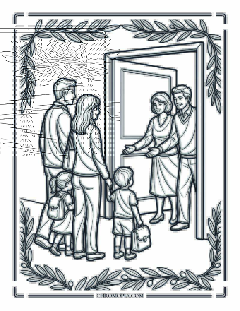 Welcoming Refugee Family International Peace Month Coloring Page