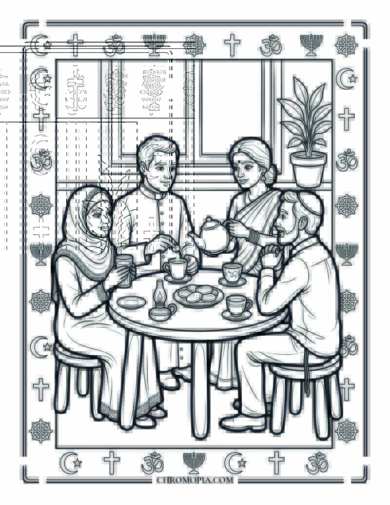Interfaith Dialogue Tea Table International Peace Month Coloring Page
