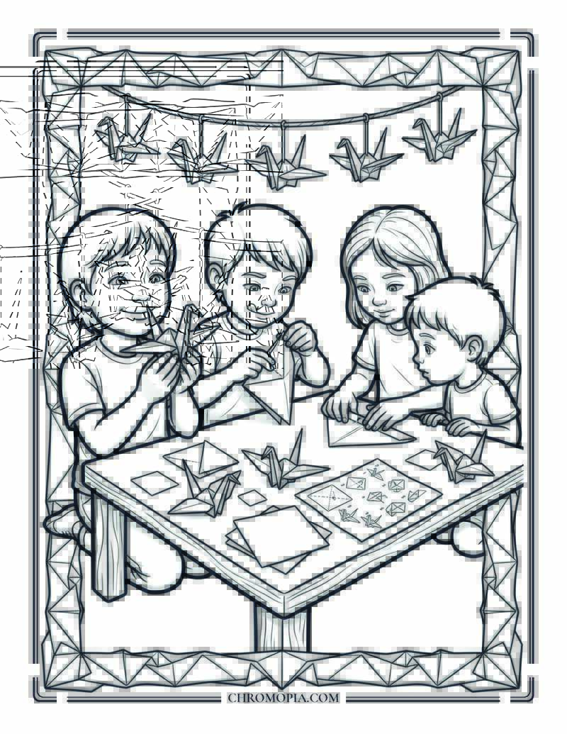 Children Folding Origami Peace Cranes International Peace Month Coloring Page