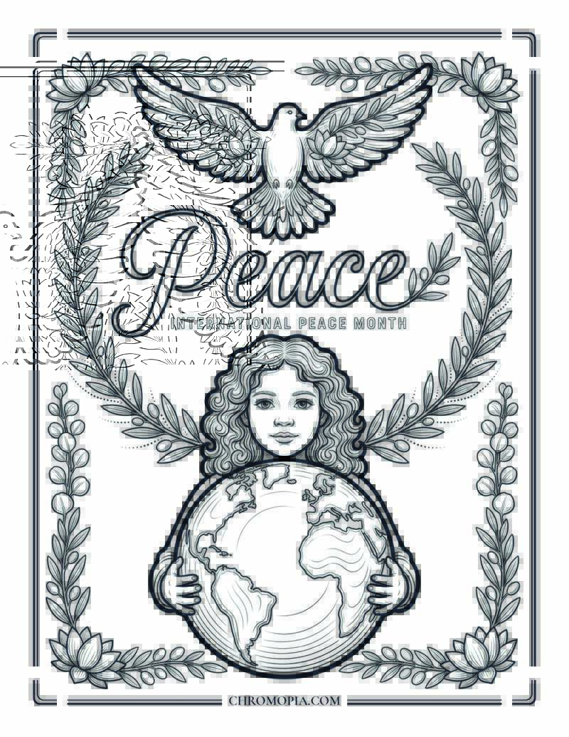 PEACE Word Art Botanical International Peace Month Coloring Page