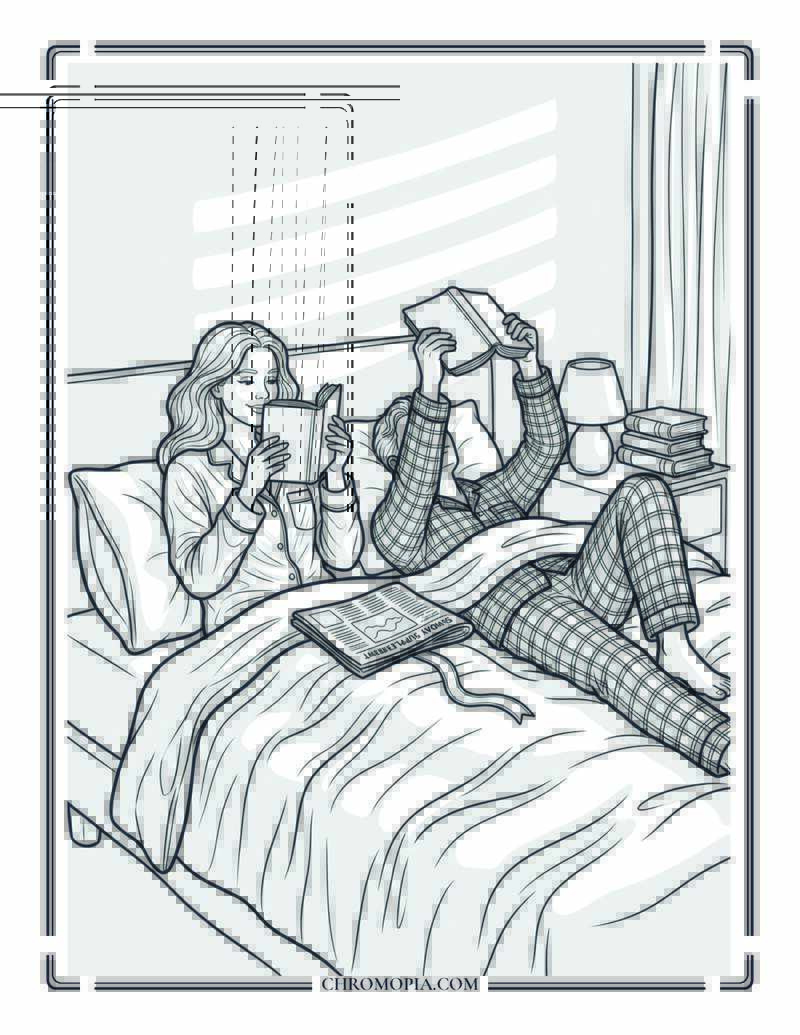 Couple Reading Together In Bed On Book Lovers Day Coloring Page