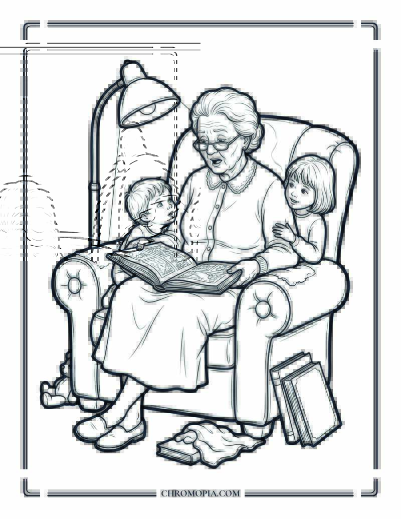 Grandmother Reading To Grandchildren National Book Lovers Day Coloring Page