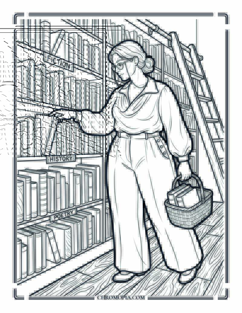 Woman Browsing An Independent Bookstore On August 9 Coloring Page