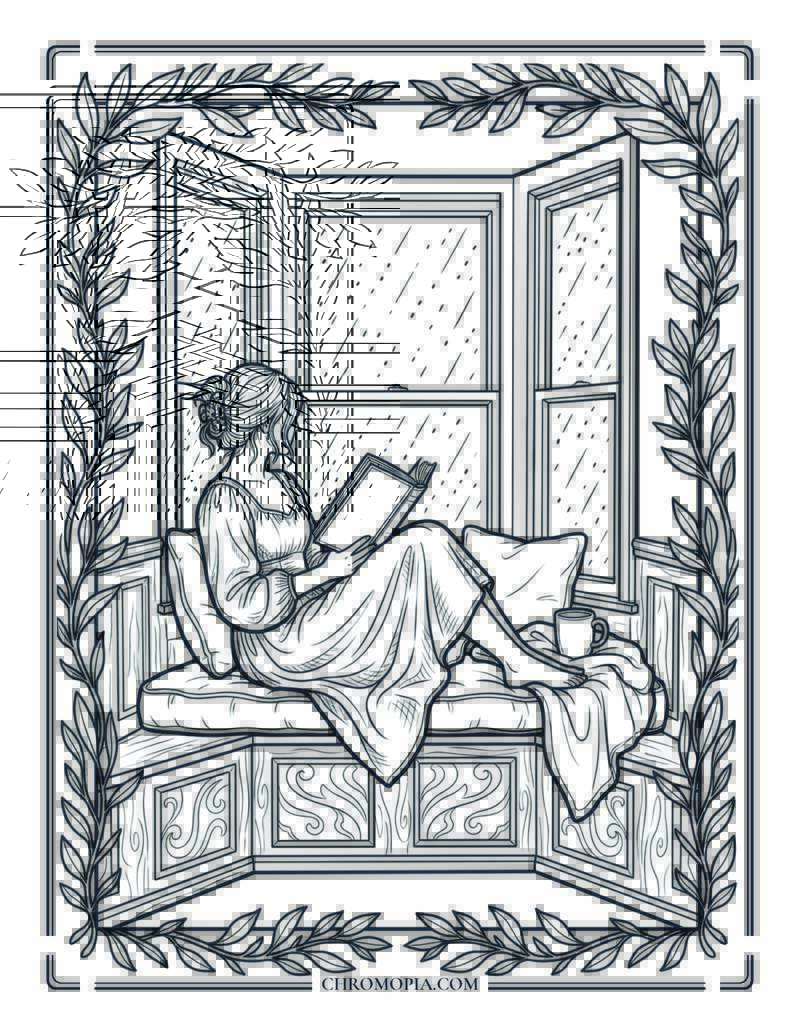 Woman Reading In A Velvet Window Seat National Book Lovers Day Coloring Page