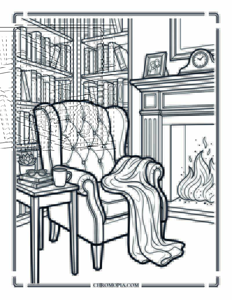 Cozy Reading Nook Armchair Fireplace National Book Lovers Day Coloring Page