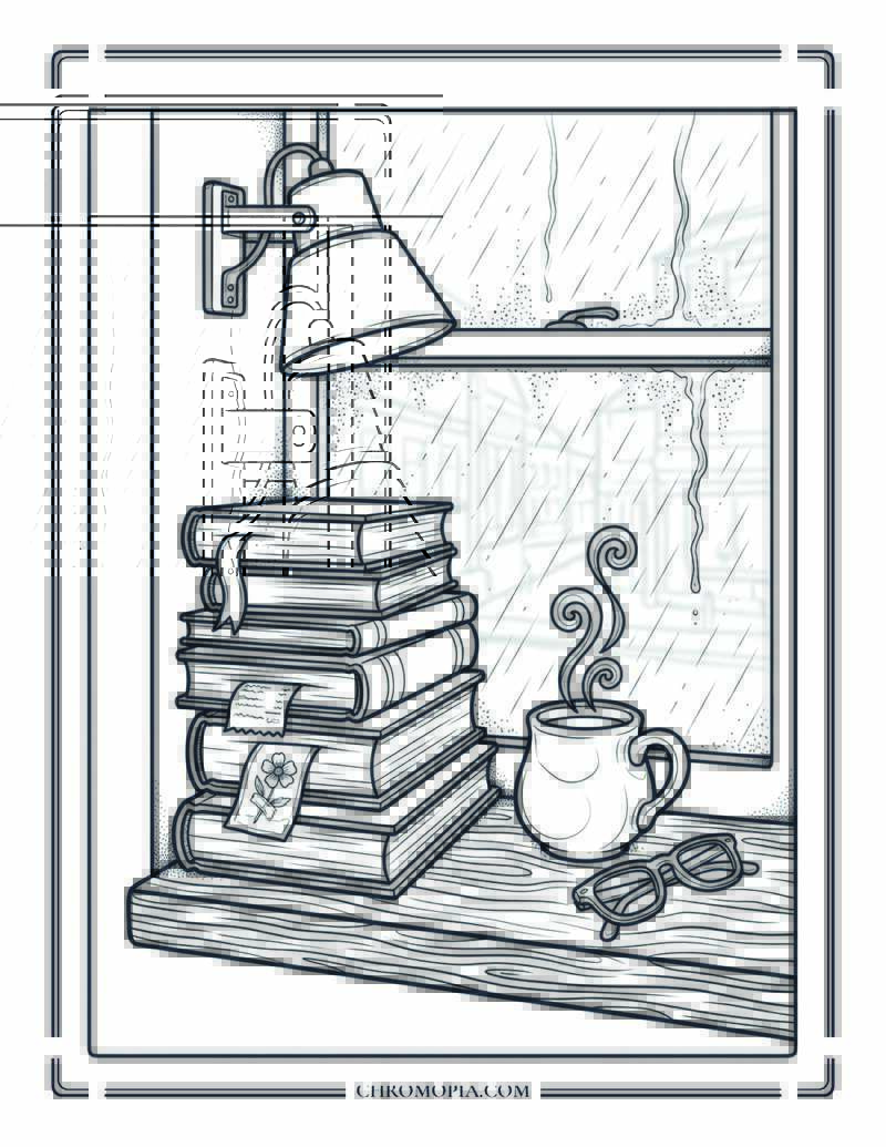 Rainy Window Book Stack Tea Mug National Book Lovers Day Coloring Page