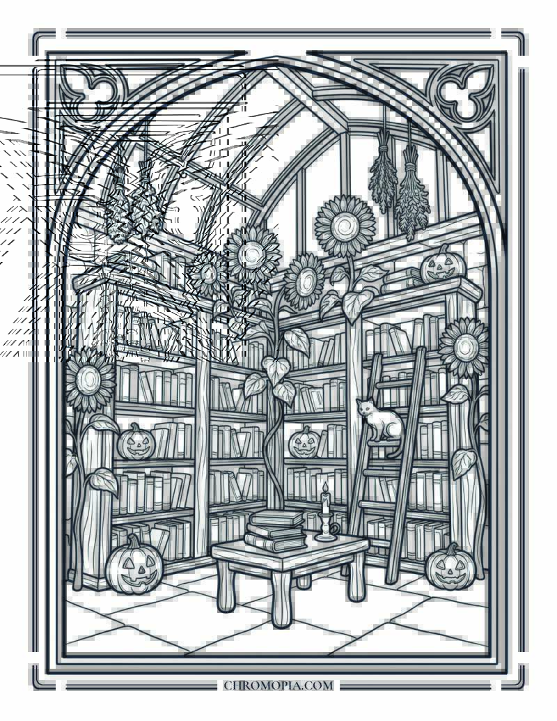 Summerween Gothic Library National Book Lovers Day Coloring Page