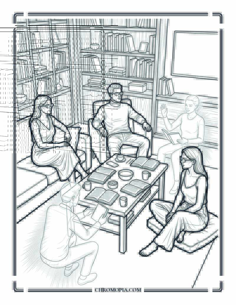 Holographic Book Club Meeting Future National Book Lovers Day Coloring Page