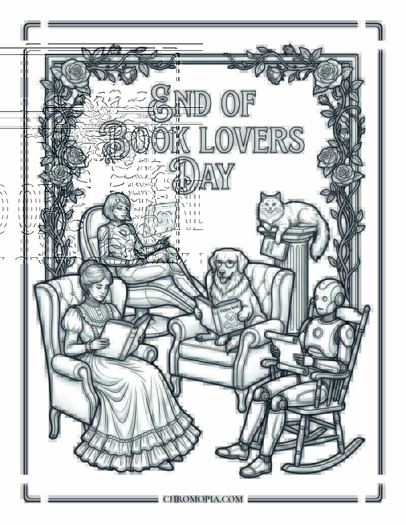 Two Women A Golden Retriever A Cat And A Robot Reading On Book Lovers Day Coloring Page