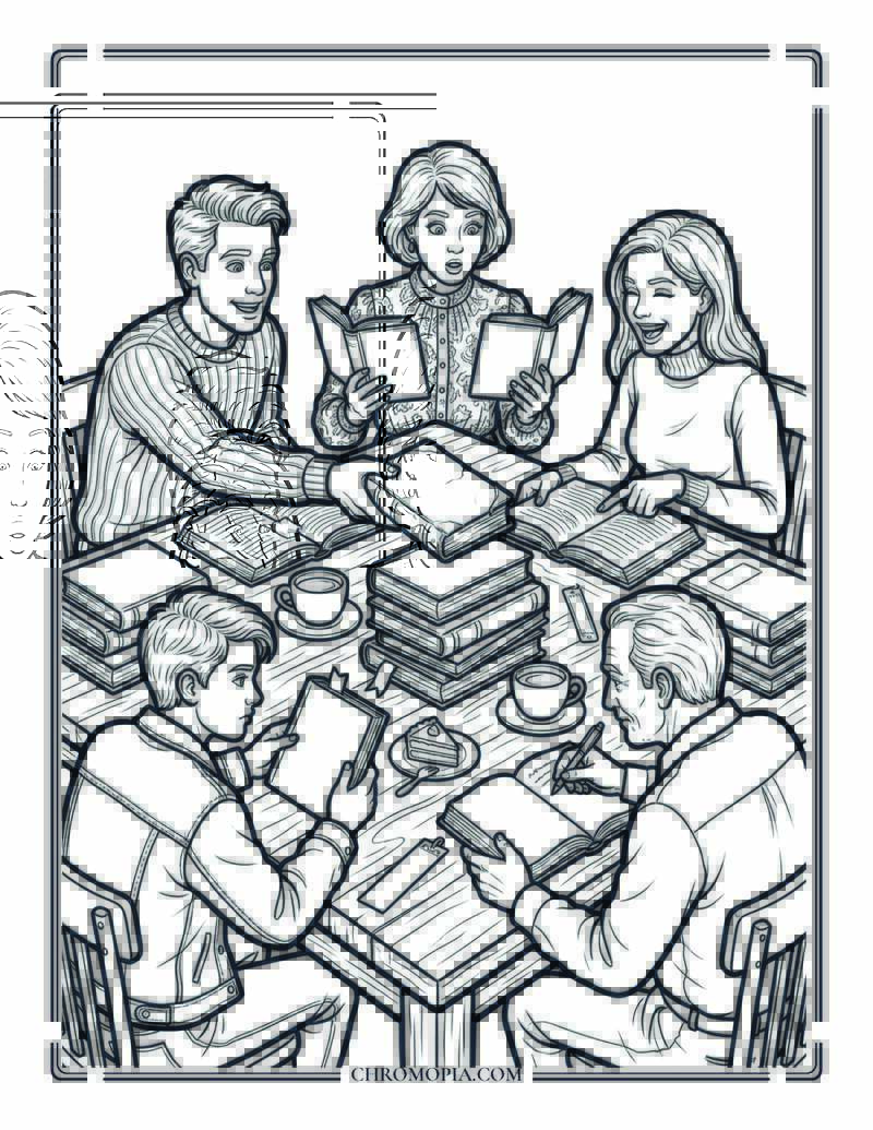 Book Swap Friends At A Cafe National Book Lovers Day Coloring Page