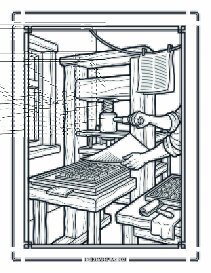 Gutenberg Printing Press National Book Lovers Day Historical Coloring Page