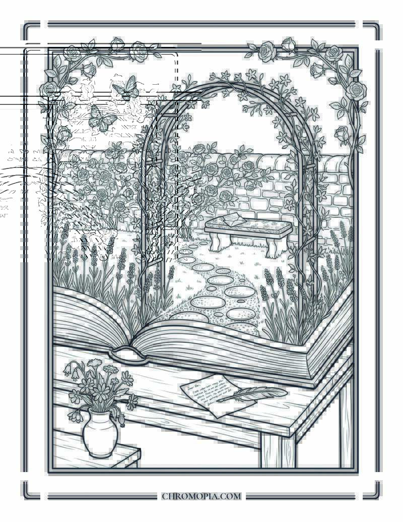 Romance Garden Portal Open Book National Book Lovers Day Coloring Page