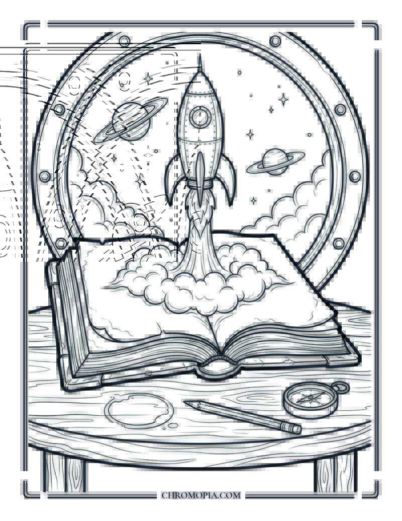 Sci Fi Rocket Launching From Open Book National Book Lovers Day Coloring Page