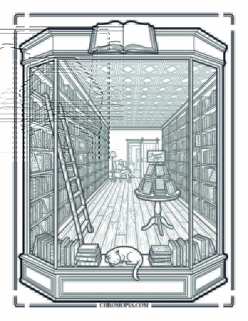 Vintage Independent Bookstore Interior National Book Lovers Day Coloring Page