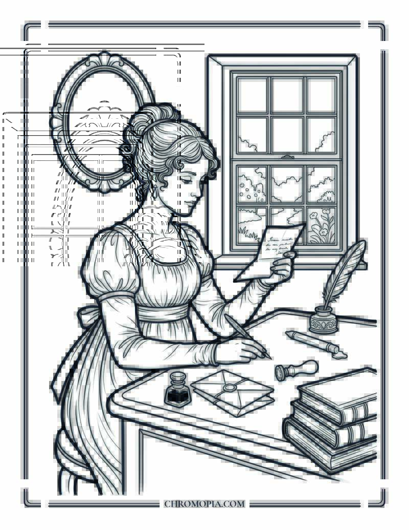 Woman Writing Letters And Reading In Georgian Era National Book Lovers Day Coloring Page
