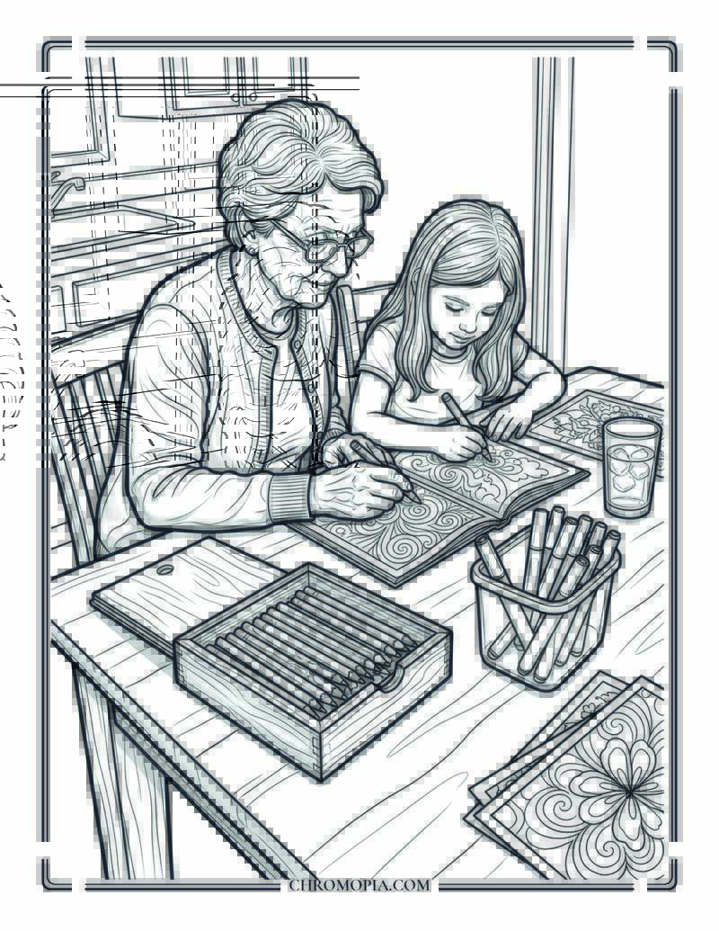 Grandmother And Granddaughter Coloring Together Coloring Page