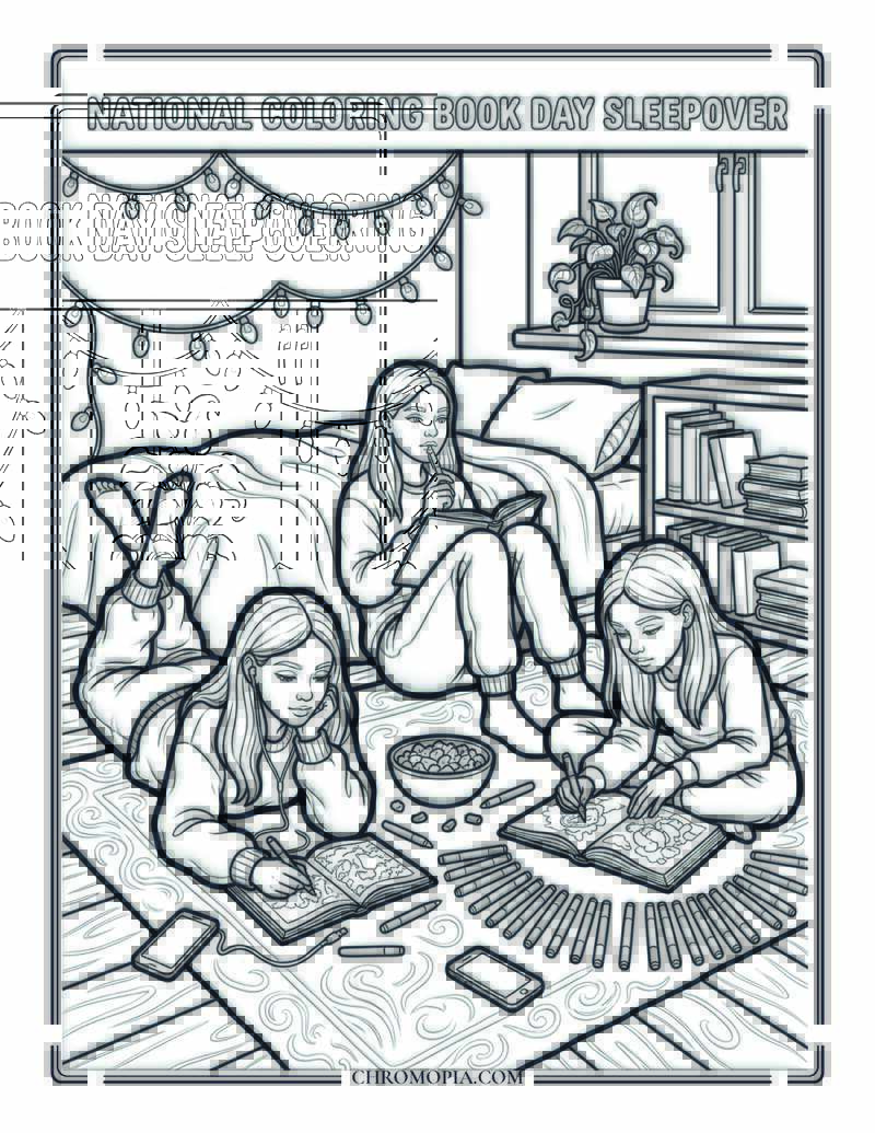 Teenagers Coloring At A Sleepover National Coloring Book Day Coloring Page